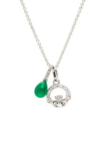 Sterling Silver & Green Agate Claddagh Charm Pendant with Cubic Zirconia